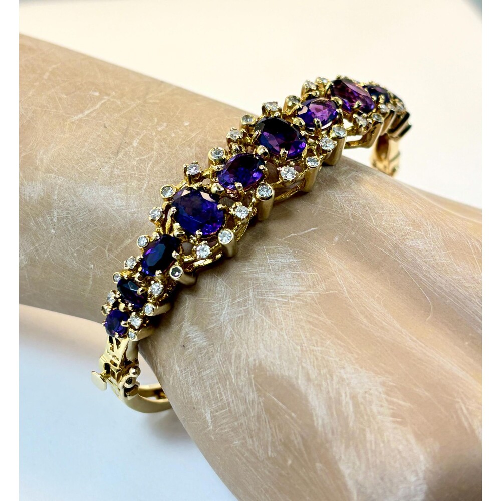 Amethyst Bracelet Diamonds 14K Yellow Gold: Hinged Bangle Vintage - Picture 11 of 14